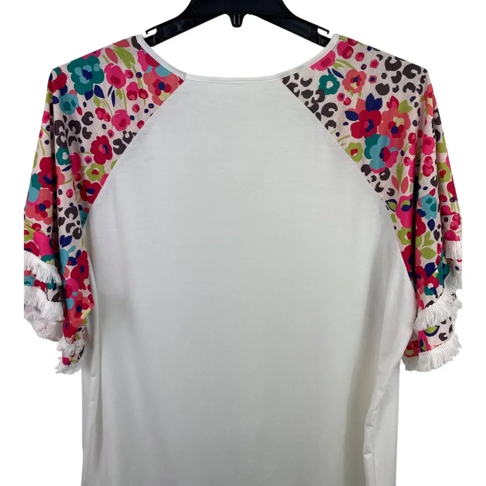 Cellabie White Multicolor Floral Fringe Half Sleeve Jersey Top Womens Size 3XL - Picture 6 of 8